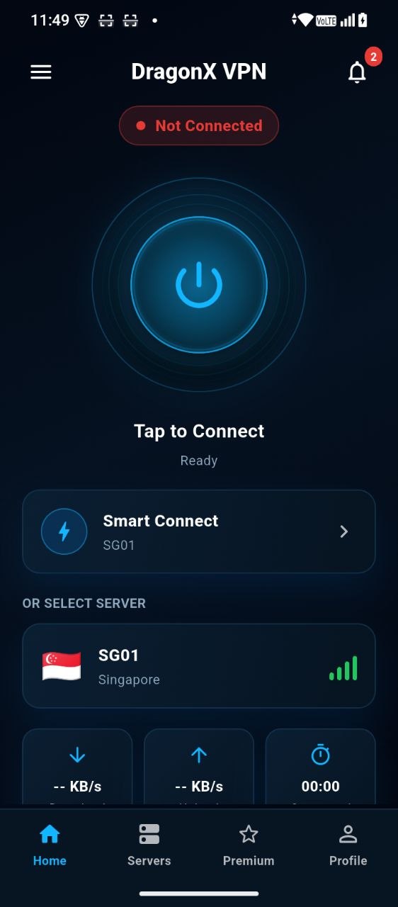 DragonX VPN Android home screen